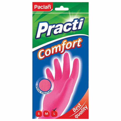 Перчатки хозяйственные латексные, хлопчатобумажное напыление, разм L (средний), розовые, PACLAN "Practi Comfort"