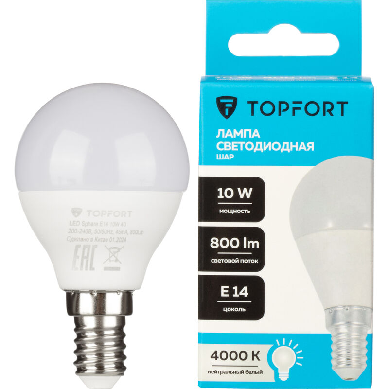 Лампа светодиодная TOPFORT 10 Вт E14 (G, 4000 K, 800 Лм, 220 В)