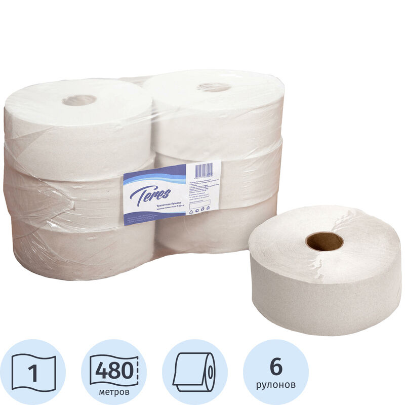 Бумага туалетная в рулонах Терес Эконом макси 1-слойная 6 рулонов по 480 метров (артикул производителя T-0014) Teres