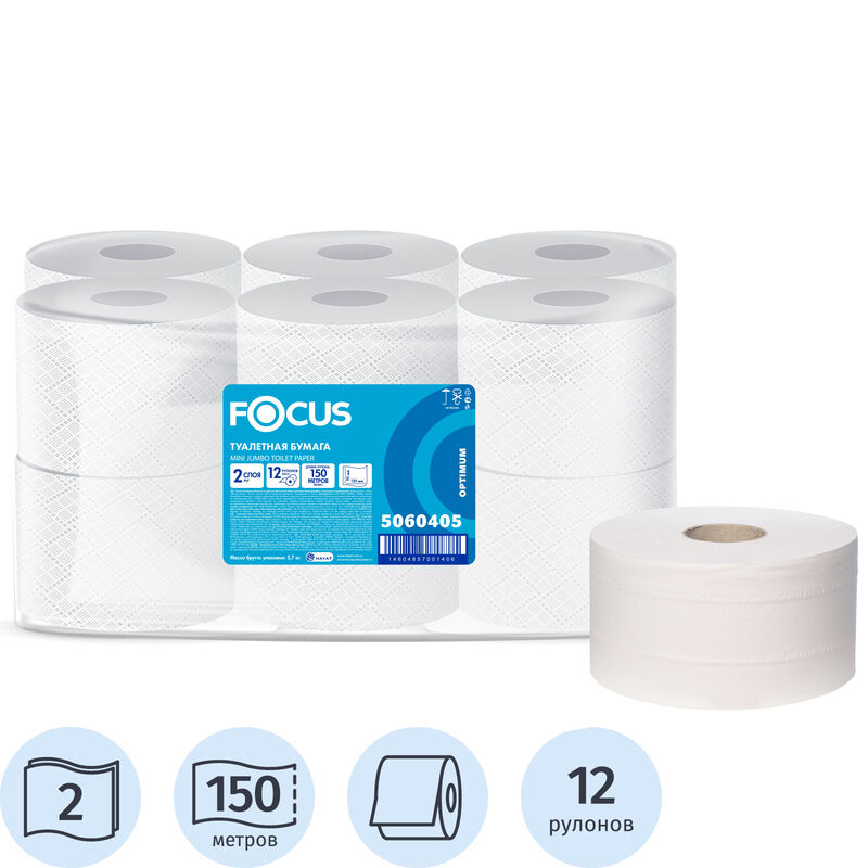Бумага туалетная в рулонах Focus Jumbo Premium 2-слойная 12 рулонов по 150 метров (артикул производителя 5060405)