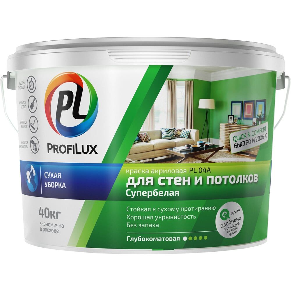 Акриловая воднодисперсионная краска для стен и потолков Profilux PL- 04А