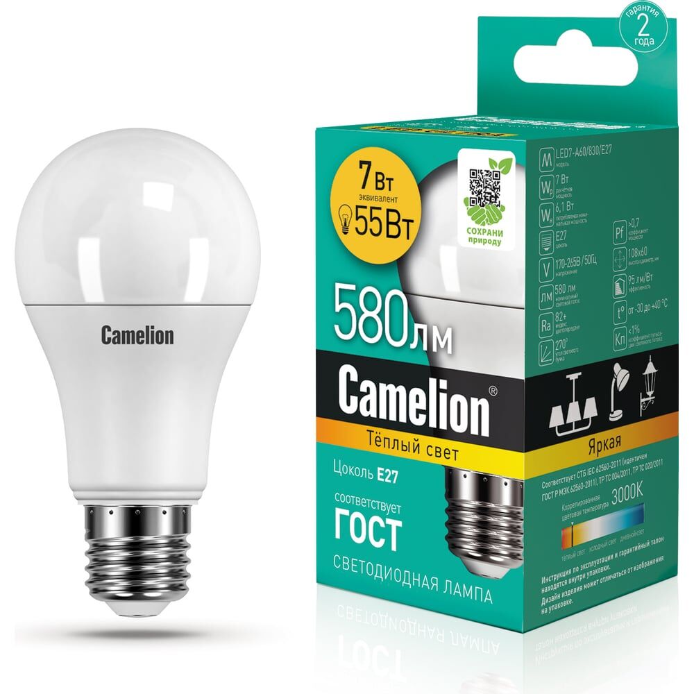 Светодиодная лампа Camelion LED7-A60/830/E27
