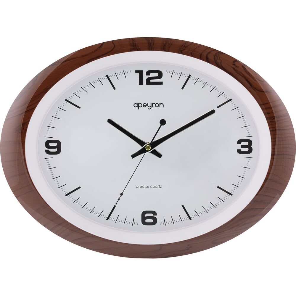 Овальные настенные бесшумные часы Apeyron baton, цвет темно-коричневый, пластик, размер 40x30 см с плавным ходом, батаре