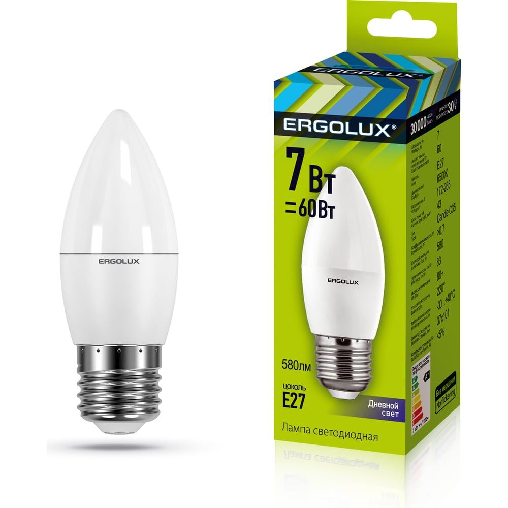 Электрическая светодиодная лампа Ergolux LED-C35-7W-E27-6K Свеча