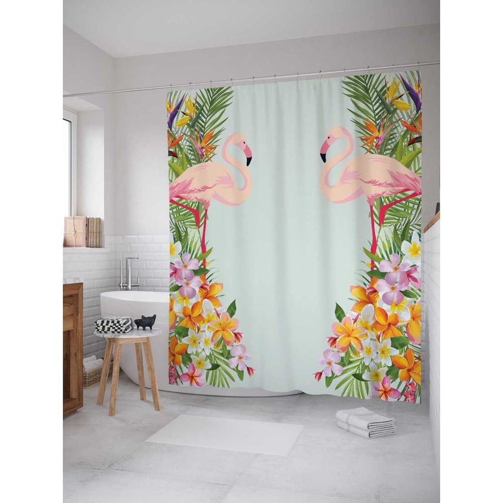 Шторка-занавеска для ванной JOYARTY Фламинго в цветах