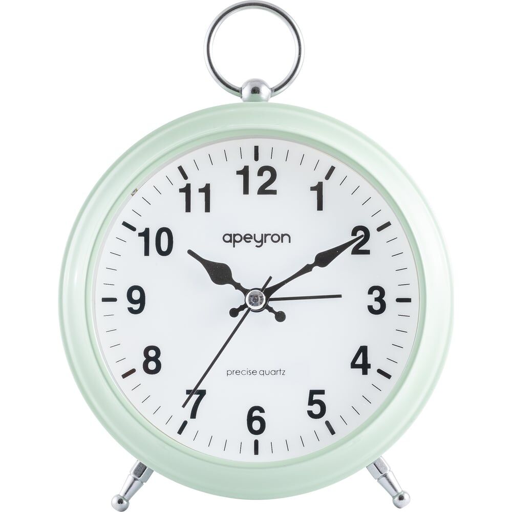 Бесшумные часы-будильник Apeyron подсветка, салатовый, металл, диаметр 12.4 см