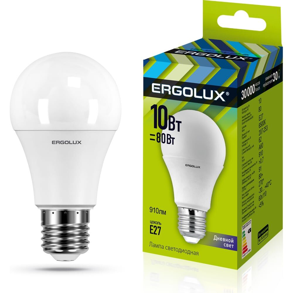 Электрическая светодиодная лампа Ergolux LED-A60-10W-E27-6K ЛОН