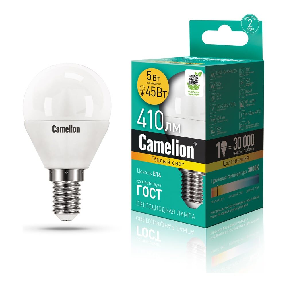 Электрическая лампа светодиодная Camelion lEDRB/5-G45/830/E14