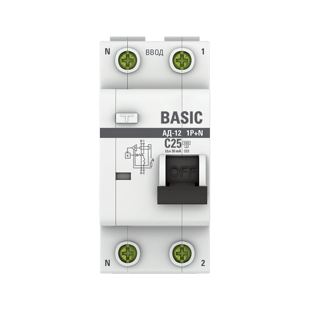 Дифференциальный автоматический выключатель EKF АД-12 Basic 1P+N 25А 30мА электронный тип АС C 4.5кА