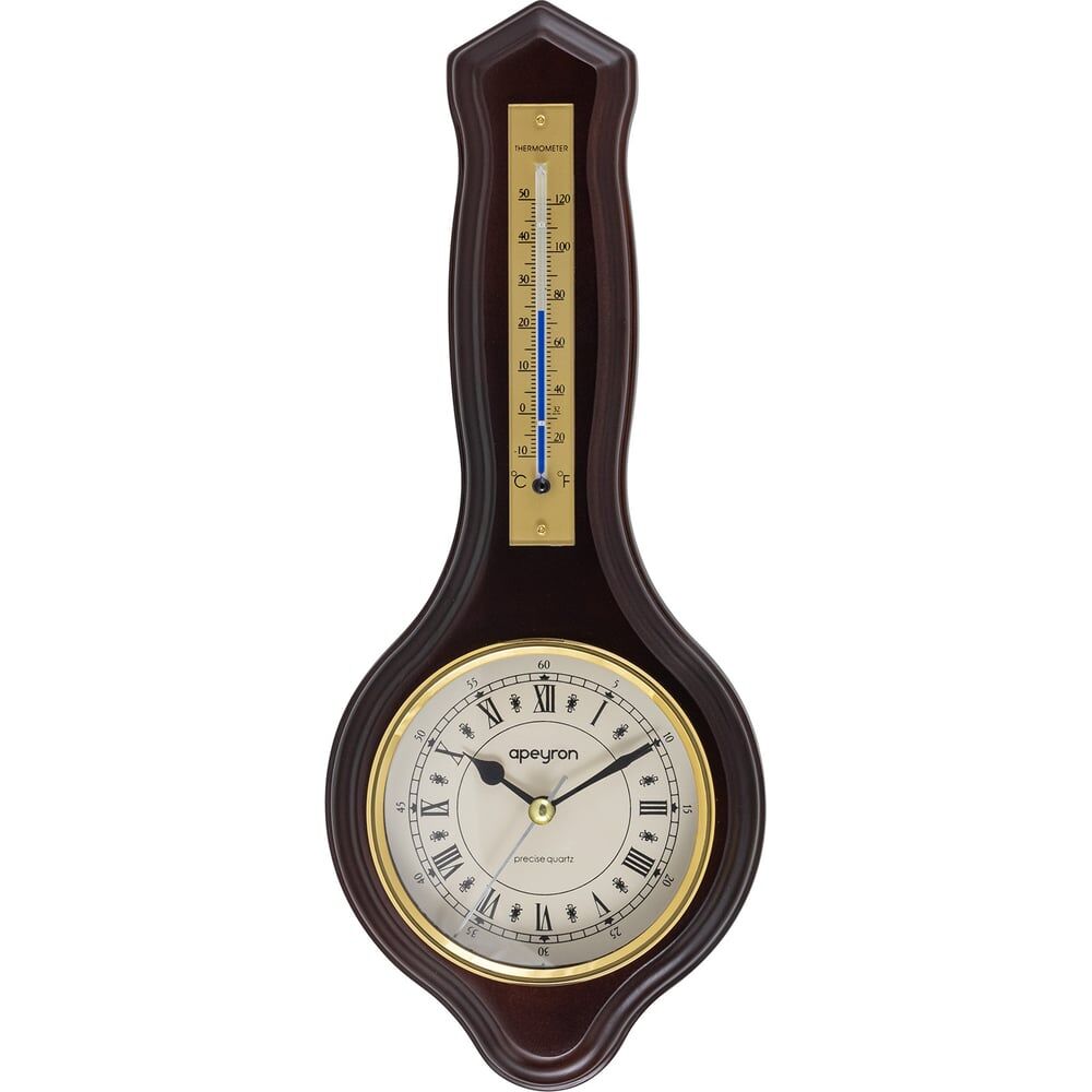 Настенные бесшумные часы Apeyron термометр, темное дерево массив гевеи, размер 33.5x13.6 см