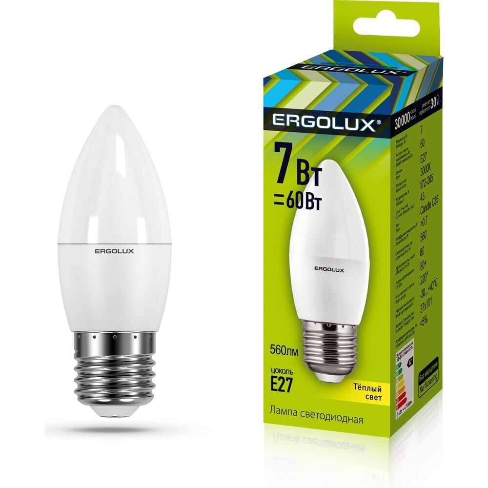Электрическая светодиодная лампа Ergolux LED-C35-7W-E27-3K Свеча